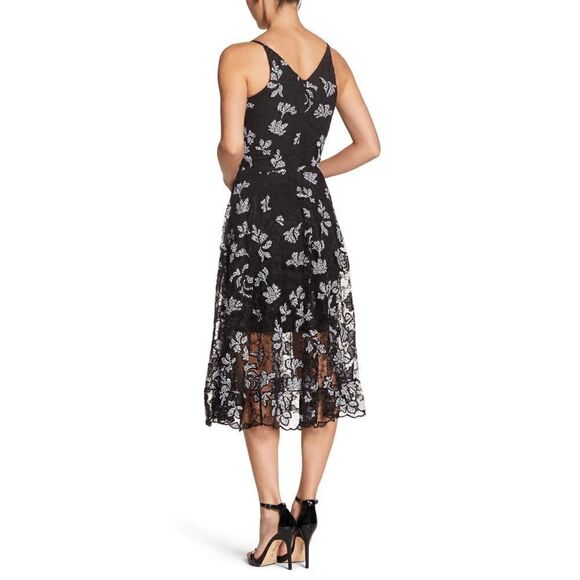Dress the Population Audrey Plunge Neck Lace Overlay Midi Dress, Size Medium - Picture 3 of 16